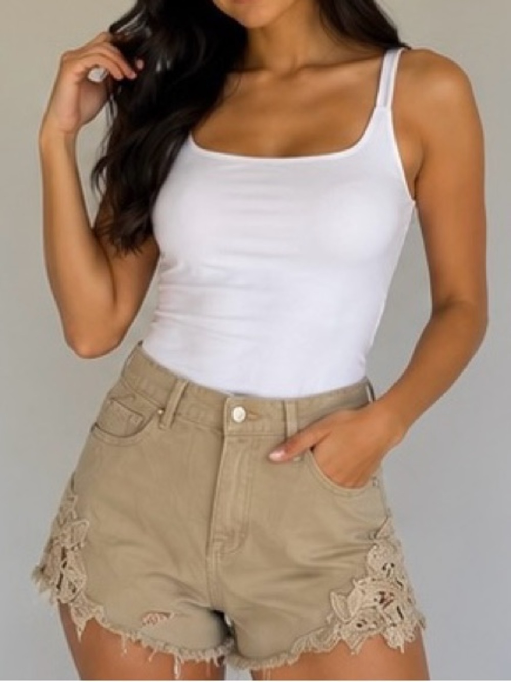 Wish Denim High Rise olive color Crochet Lace Distressed Shorts Size 13